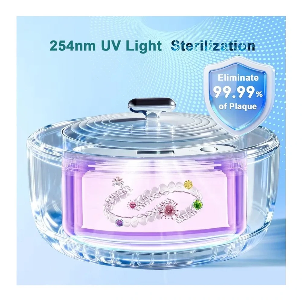 Ultrasonic Retainer Cleaner UV Light Sterilizer 49kHz Dental Jewelry 200ml White